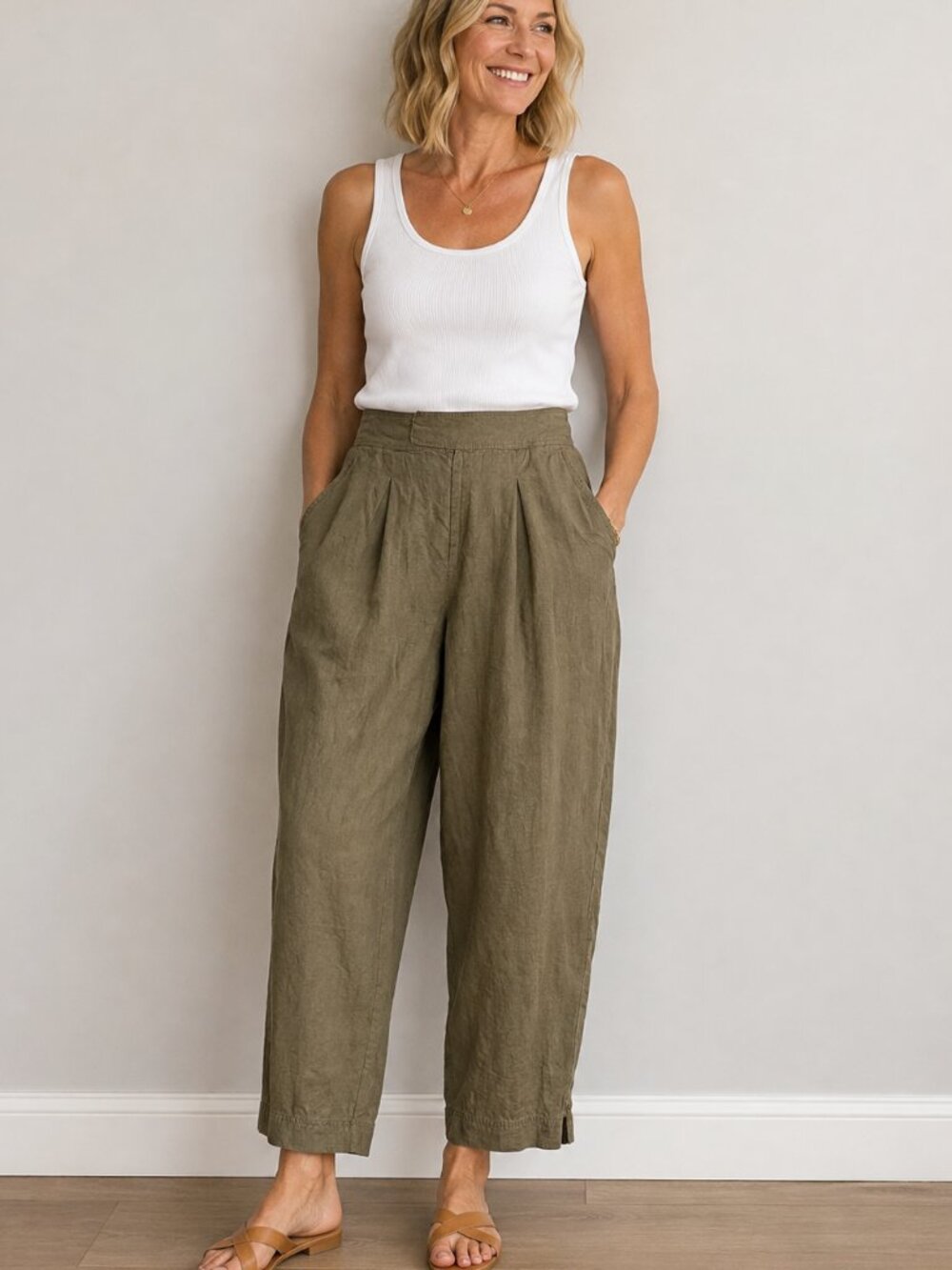 PART TWO - High-Rise Cropped Wide-Leg 100% Linen Pants - Olive